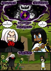 3girls black_cape black_cloak black_hair blue_eyes bright_darkness chocolate_and_vanilla clothed_female comic comic_page crystal_ball dark-skinned_female dark_skin dialogue female_focus female_only forest grey_skin light-skinned_female multiple_girls oracle outdoors pale-skinned_female priestess red_eyes shoulder_pads skeletons speech_bubble text white_cloak white_dress white_hair white_skin witch xierra099