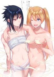 2girls ;d absurdres bettybebe_09 black_hair blonde_hair blue_eyes blush breast_hold breasts censored chest_sarashi cleavage clenched_hand collarbone facial_mark genderswap genderswap_(mtf) groin hair_between_eyes highres long_hair multiple_girls naruko naruto naruto_(series) navel no_background nude one_eye_closed open_mouth red_eyes rule_63 sarashi sasuke_uchiha sasuko small_breasts smile sweatdrop translation_request twintails uzumaki_naruto