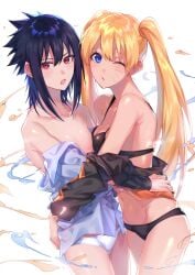 2girls ;o absurdres bare_shoulders bettybebe_09 black_bra black_hair black_panties blonde_hair blue_eyes bra breasts cleavage collarbone eyebrows_visible_through_hair facial_mark genderswap genderswap_(mtf) highres hug lesbian long_hair looking_at_viewer medium_breasts multiple_girls naruko naruto naruto_(series) no_background one_eye_closed open_mouth panties red_eyes rule_63 sasuke_uchiha sasuko short_hair sidelocks simple_background twintails underwear uzumaki_naruto whisker_markings white_background white_panties yuri