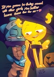 2d aged_up anthro anthro_penetrated anthro_penetrating bandana big_balls big_penis blue_body blue_fur blushing cat cat_boy catboy chat clitoris closed_eyes color costume female gumball_watterson halloween holding_leg horns looking_at_partner looking_pleasured narrowed_eyes on_model one_leg_up open_mouth pants_down penetration penis penny_fitzgerald plump_labia pumpkin pussy pussy_grip pussy_juice skinny small_waist smile smiling soulcentinel spread_legs spreading standing_sex stretched_pussy teenager text_bubble the_amazing_world_of_gumball thick_penis tight_fit vaginal_penetration wings witch_costume witch_hat yellow_body