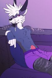 boxers_(clothing) bulge clothing furniture furry genitals hi_res krayxii looking_at_viewer male maned_dragon penis skye_(krayxii) sofa solo underwear