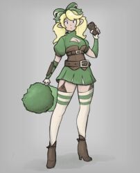 1girls belt blonde_hair blue_eyes bow cheerleader cleavage cute cute_face elf_ears female garter_straps genderswap_(mtf) hairbow high_heels hylian leather_clothing link lips nintendo petite pointy_ears pom_poms rule_63 skirt small_breasts solo story_at_source tagme tailwindwitch the_legend_of_zelda thick_thighs thighhighs wide_hips