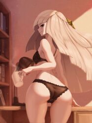 ass ass_focus back_view big_ass blonde_hair breasts coat coffee_mug female green_eyes highres holding_mug holding_object letdie1414 lingerie long_hair looking_at_viewer looking_back looking_back_at_viewer lusamine_(pokemon) milf mother nintendo nipples nude_female pokemon pokemon_sm seductive seductive_smile solo tagme uncensored