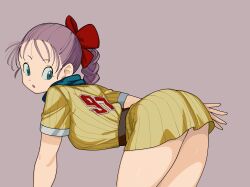 ass bent_over blue_eyes bulma bulma_briefs dragon_ball dragon_ball_(classic) female looking_back presenting purple_hair rokoido12 short_skirt solo teenage_bulma teenage_girl teenager thighs