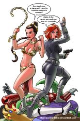 2014 2girls armlet armor artist_name ass avengers axel_medellin belt big_breasts bikini_armor black_widow_(marvel) blue_eyes bodysuit boots braid breasts brown_eyes brown_hair butt clenched_hands clothing collar combat_boots contrapposto crossover english english_text female fingerless_gloves gloves gun holding_gun holding_weapon human infinity_gauntlet jewelry jumpsuit large_breasts legs_crossed light-skinned_female linea_alba lipstick lucasfilm makeup marvel marvel_comics midriff multiple_girls natasha_romanoff navel pelvic_curtain pistol posterior_cleavage princess_leia_organa rear_view red_hair red_lipstick return_of_the_jedi secret_agent short_hair simple_background single_braid slave_leia speech_bubble star_wars superheroine text tied_hair utility_belt weapon web_address