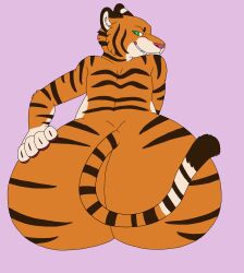 absurd_res ambiguous_gender anthro ass big_butt brown_body brown_fur felid fur green_eyes hand_on_butt hi_res kibbleztheyeen looking_back mammal markings orange_body orange_fur pantherine rear_view smile smirk solo striped_markings stripes tan_body tan_fur tiger