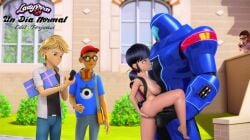 accurate_art_style adrien_agreste alya_cesaire backpack bag casual exhibitionism female ferjuasi huge_cock human large_breasts leg_up marinette_cheng marinette_dupain-cheng miraculous_ladybug nino_lahiffe outdoors public public_nudity