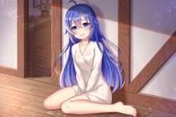 absurdres ahoge bangs bare_legs barefoot between_legs blue_eyes blue_hair blush clenched_teeth dress drooling female female_masturbation full_body hair_between_eyes hair_down hand_between_legs highres indoors kensei_(ciid) long_hair long_sleeves masturbation mushoku_tensei nail_polish pink_nails pussy_juice roxy_migurdia shiny shiny_hair short_dress sitting solo straight_hair teeth toenail_polish toenails very_long_hair wariza wet wet_clothes wet_dress white_dress wooden_floor