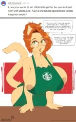 anthro apron apron_only ask_blog big_breasts bodily_fluids breasts clothing domestic_cat eyewear felid feline felis female galacticmichi glasses hair huge_breasts i_mean_breast_milk katrina_fowler lactating lactation lactation_through_clothes lactation_without_expressing mammal mature_female meme mostly_nude solo uncensored