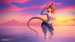 16:9 alryda_blazeroot big_breasts bottomwear breasts clothed clothing cloud english_text eyewear female feretta fur glasses hair hi_res landscape mammal mountain mouse murid murine nipples orange_hair partially_submerged purple_eyes rodent scenery sea skirt skirt_only smile sunset text topless water white_body white_fur widescreen