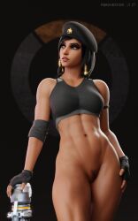 3d abs black_eyes black_hair blender bottomless bra clothing dark-skinned_female dark_skin egyptian female female_pubic_hair fingerless_gloves gloves going_commando high_resolution looking_away military military_hat muscle muscular_female no_panties nopan overwatch pharah pharah-best-girl pubic_hair rocket_launcher self_upload sports_bra underwear weapon