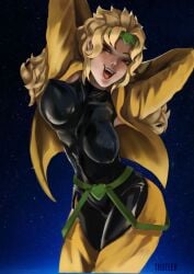 1girls blonde_hair breasts dio_brando female female_dio humanoid jojo's_bizarre_adventure latex_suit light-skinned_female light_skin open_jacket open_mouth orange_eyes posing rule_63 seductive shounen_jump skin_tight slim solo stardust_crusaders tagme thutler vampire villainess yellow_clothing