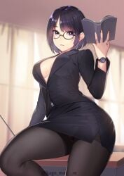 1girls big_breasts black-framed_eyewear black_hair black_jacket black_skirt blazer blush bob_cut book breasts classroom cleavage curtains eyelashes eyeliner female female_only formal glasses hi_res highres holding_book indoors jacket kagematsuri lingerie long_sleeves looking_at_viewer makeup medium_hair miniskirt no_bra original panties panties_under_pantyhose pantyhose pantyshot parted_lips pencil_skirt short_hair sitting skirt solo suit teacher thighs underwear watch wristwatch