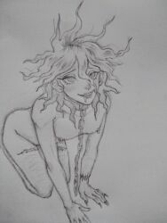 1boy all_fours collar convenient_censoring danganronpa danganronpa_ultra_despair_girls drooling male male_only nagito_komaeda nikoloft nipple_rings pencil_(artwork) scar self_harm_scars servant_(danganronpa) smile smiling solo straight_hair