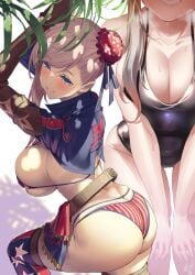 1girls 2022 alternate_costume american_flag_bikini ass ass_focus ass_shot asymmetrical_hair back back_view blue_eyes breasts bubble_butt cropped_jacket fate/grand_order fate_(series) female female_only front_view hair_ornament highleg_swimsuit hips huge_ass huge_breasts long_hair miyamoto_musashi_(fate) miyamoto_musashi_(swimsuit_berserker) official_alternate_costume one-piece_swimsuit pink_hair sideboob slim_waist smile thick_thighs thighs uo_denim wide_hips