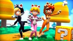 16:9 3d 3girls bird blonde_hair blue_eyes bodysuit brown_hair cat_costume cat_daisy cat_ears cat_peach cat_rosalina cat_tail catsuit fangs female female_focus freckles lucky_bell mario_(series) nintendo onmodel3d outdoors png princess_daisy princess_peach princess_rosalina red_hair self_upload skintight smiling super_bell super_mario_3d_world super_mario_bros. tail teeth text tree