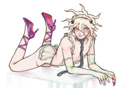 1boy chain_leash chains collar crossdressing danganronpa danganronpa_2:_goodbye_despair danganronpa_ultra_despair_girls elbow_gloves femboy fingerless_gloves grey_eyes heels leash light_skin looking_at_viewer makeup male male_only nagito_komaeda nail_polish nikoloft pale_skin pose scar servant_(danganronpa) smile smiling smiling_at_viewer solo straight_hair white_hair