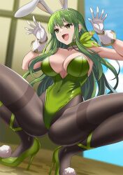 1girls alternate_costume animal_ears ascot black_legwear blurry blurry_background breasts bunny_ears bunny_girl bunnysuit female female_only fire_emblem fire_emblem:_mystery_of_the_emblem fire_emblem:_shadow_dragon_and_the_blade_of_light fire_emblem_heroes gloves green_ascot green_eyes green_footwear green_hair green_leotard high_heels highres large_breasts leotard long_hair nintendo palla_(fire_emblem) palla_(spring)_(fire_emblem) pantyhose playboy_bunny pom_pom_(clothes) rabbit_ears sirano smile solo spread_legs squatting thighband_pantyhose white_gloves wrist_cuffs