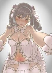 akeggle all_fours babydoll black_hair blush bridal_lingerie bride female female_only frills hanging_breasts idolmaster idolmaster_cinderella_girls kanzaki_ranko lingerie looking_at_viewer pov pregnant red_eyes smile solo thighhighs twintails wedding_dress wedding_lingerie