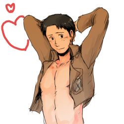 1boy attack_on_titan brunet freckles jacket_only jacket_open male male_only marco_bodt nipples shingeki_no_kyojin shirtless shy stretching