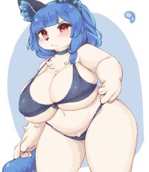 4_fingers anthro big_breasts bikini biped black_bikini black_clothing black_ears black_nose black_swimwear blue_background blue_body blue_fur blue_hair blue_inner_ear_fluff blue_tail blush breasts canid canine chest_tuft choker cleavage clothed clothing crotch_tuft curvy_figure digital_media_(artwork) eigetsu eyelashes female fingers fox front_view fur glistening glistening_clothing glistening_eyes glistening_hair glistening_swimwear hair huge_breasts humanoid_hands inner_ear_fluff jewelry kemono looking_at_viewer mammal midriff monotone_hair monotone_tail multicolored_body multicolored_fur navel necklace nipple_outline portrait pupils red_eyes short_hair simple_background skimpy slightly_chubby solo standing swimwear thick_thighs three-quarter_portrait three-quarter_view tuft voluptuous white_body white_fur wide_hips