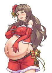 akeggle big_breasts brown_hair christmas christmas_outfit elbow_gloves female female_only fur_trim gloves hair_ornament idolmaster idolmaster_cinderella_girls kamiya_nao linea_nigra long_hair nipple_bulge pregnant ready_to_pop red_eyes shorts solo veiny_belly wavy_hair