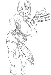 1futa balls bottomless breasts clothed clothing dialogue ear_piercing english_text erect_nipples footwear futa_only futanari gigantic_penis gigantic_testicles glasses huge_breasts human khentaiu legwear monochrome open_mouth partially_clothed penis piercing sketch solo text topwear