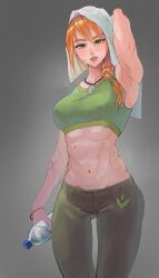 abs arm_up armpits bangle bangs bottle bracelet breasts collarbone feet_out_of_frame female green_eyes green_pants hair_between_eyes hair_tie highres holding holding_bottle holding_towel jewelry large_breasts lips looking_at_viewer medium_breasts midriff muscular navel necklace open_mouth orange_hair pants parted_lips ponytail scar scar_on_arm sidelocks simple_background skye_(valorant) sports_bra sweat sweatdrop towel valorant yuioh08