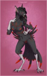 animal_genitalia avian beak bird breasts chaluny claws corvid corvus_(genus) crow feathers female front_view genitals hi_res ksajakra navel non-mammal_breasts nude oscine passerine pink_background pose red_eyes simple_background solo standing