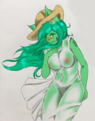 absurd_res anthro areola blush clothing felid feline female fur green_body green_eyes green_fur hat headgear headwear hi_res mammal nipples solo tattoo translucent translucent_clothing wet wet_clothing zzinhimsum