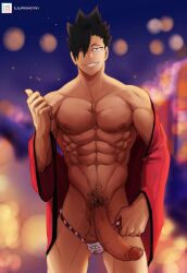 1boy abs big_penis color erection haikyuu!! kuroo_tetsurou lilprincyvi male male_only muscular precum pubic_hair public public_exposure public_nudity smile tagme wink winking_at_viewer