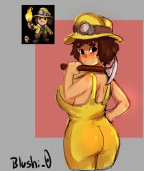 1girls ana_spelunky ass blush blushi_0 brown_hair looking_back overalls pickaxe sideboob smile solo spelunky spelunky_2