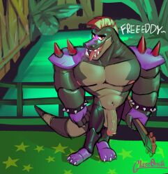 2022 absurd_res alligator alligatorid animatronic anthro armband balls big_muscles big_penis black_eyebrows claws clothing crocodilian dialogue english_text eyebrows facial_markings fingerless_gloves five_nights_at_freddy's five_nights_at_freddy's:_security_breach flaccid genitals glass0milk gloves green_body guitar hair handwear head_markings hi_res high-angle_view holding_guitar holding_object humanoid_genitalia humanoid_penis inside looking_at_viewer machine male male_only markings mohawk montgomery_gator_(fnaf) multicolored_body muscular muscular_anthro muscular_male musical_instrument nipples non-mammal_balls non-mammal_nipples nude open_mouth open_smile pecs penis pink_nipples plucked_string_instrument red_hair reptile robot scalie scottgames shoulder_pads signature smile solo spiked_armband spiked_shoulderpads spikes standing string_instrument teeth text tongue tongue_out top_heavy two_tone_body video_games