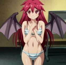 2014 bra breasts demon_girl demon_wings female hentai highres itadaki!_seieki monster_girl pashmina red_hair screencap screenshot setogaya_mari solo striped striped_bra succubus third-party_edit underwear vampire wings