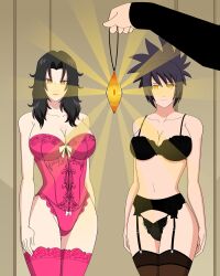 1boy 2girls bare_legs bare_shoulders before_sex black_hair bra breasts cleavage corset eyeshadow faceless_male female_only garter_belt garter_straps head_out_of_frame holding_object hypnosis imminent_sex jimryu kurenai_yuhi lingerie long_hair looking_at_viewer makeup midriff mind_control mitarashi_anko multiple_girls naruto naruto_(series) naruto_shippuden necklace orange_eyes out_of_frame panties pendant purple_hair revealing_clothes stockings take_your_pick underwear unusual_pupils wide_hips yuuhi_kurenai