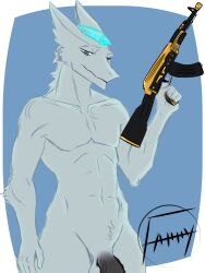 ak-74m ak_platform anthro big_penis blue_eyes farrythedragon fur genitals gun hi_res holding_gun holding_object holding_weapon kane_decobray male mature_male mohawk penis pose posing_for_picture presenting ranged_weapon sergal solo weapon white_body white_fur