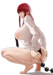 anal anal_beads ass breasts censored chainsaw_man female makima_(chainsaw_man) opi_1111111111 panties panties_aside pubic_hair red_hair shirt simple_background spreading squatting suit underwear yellow_eyes