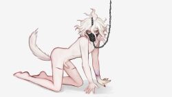 1boy all_fours chain_leash danganronpa danganronpa_ultra_despair_girls leash looking_to_the_side male male_only muzzle_(object) nagito_komaeda nikoloft nude pale_skin scar self_harm_scars servant_(danganronpa) straight_hair tail white_hair