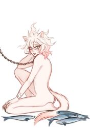 1boy bandage cat_ears cat_tail danganronpa danganronpa_ultra_despair_girls fish leash male male_only nagito_komaeda nikoloft nude pale_skin servant_(danganronpa) solo straight_hair white_hair