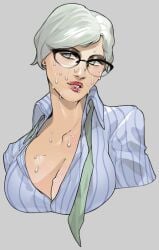 artist_request big_breasts blue_eyes breasts_bursting_out brittany_angel cleavage clothed clothing cum cum_in_mouth cum_on_face cum_on_glasses glasses grand_theft_auto grand_theft_auto_v lipstick nopixel pale-skinned_female satisfied_look white_hair