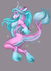 2021 anthro asian_mythology blue_body blue_eyes blue_hair blue_scales breasts caribou_(artist) chinese_mythology east_asian_mythology female fingers grey_background hair hooved_fingers hooves jumping kirin mythology nipples purple_body purple_scales scales simple_background smile solo