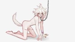 1boy all_fours chain_leash chains danganronpa danganronpa_ultra_despair_girls leash looking_to_the_side male male_only nagito_komaeda nikoloft nude pale_skin scar self_harm_scars servant_(danganronpa) smile straight_hair tail white_hair