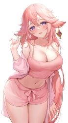 1girls bare_shoulders blush cleavage curvy female female_only fox fox_ears fox_girl genshin_impact large_breasts looking_at_viewer midriff milf navel off_shoulder pdxen pink_hair pink_tank_top purple_eyes short_shorts shorts smile spaghetti_strap tank_top thighs yae_miko