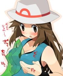 00s agemono between_breasts blush breast_smother breasts brown_eyes brown_hair cleavage covered_erect_nipples creatures_(company) female game_freak gen_1_pokemon hat leaf_(pokemon) long_hair medium_breasts metapod nintendo open_mouth paizuri paizuri_over_clothes pokémon_(species) pokemon pokemon_(game) pokemon_(species) pokemon_frlg pokephilia porkpie_hat sexually_suggestive wristband