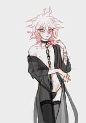 1boy bandage collar danganronpa danganronpa_2:_goodbye_despair danganronpa_ultra_despair_girls eyeliner green_eyes lingerie long_fingernails looking_to_the_side makeup male male_only nagito_komaeda nikoloft pale_skin pubic_hair_peek servant_(danganronpa) straight_hair thighhighs thong white_hair