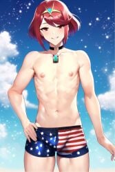 1boy 1femboy ai_generated american_flag androgynous boxers bulge choker femboy feminine_male from_below genderswap_(ftm) girly hair_ornament hand_behind_head looking_down male_only male_swimwear nervous_smile otoko_no_ko partially_submerged pyra robofun rule_63 shorts sissy splashing stable_diffusion swimsuit swimwear tiara trap twink water xenoblade_(series) xenoblade_chronicles_2