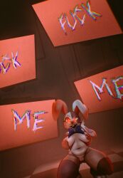 anthro aroused big_breasts big_ears breast_fondling breast_play breasts cables checkered_floor female female/female five_nights_at_freddy's five_nights_at_freddy's:_security_breach fondling hand_on_breast hand_on_cheek humanoid lagomorph leporid lewdlagoon mammal rabbit ribbons scottgames simple_background slightly_chubby solo text_message thick_thighs tv_screen vanny_(fnaf) video_games whiskers