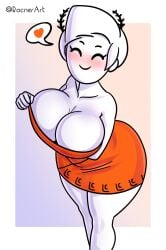 1girls big_ass big_breasts blush boobs breasts cleavage closed_eyes female female_focus female_only gradient_background heart little_caesar little_caesars mascot mob_face orange_dress rocner rule_63 speech_bubble thick_thighs watermark white_body white_skin