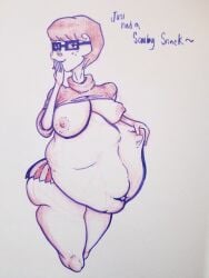 afraart belly big_belly breasts female freckles glasses nipples non-canonical_size same_size_vore scooby-doo solo_female traditional_media_(artwork) velma_dinkley vore