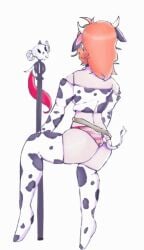 beemyfren belt cow_bell cow_ears cow_horns cow_pattern cow_print_thighhighs cow_suit cow_tail epic_battle_fantasy headband natalie_(ebf) orange_hair pink_panties ponytail red_hair sitting staff thighhighs